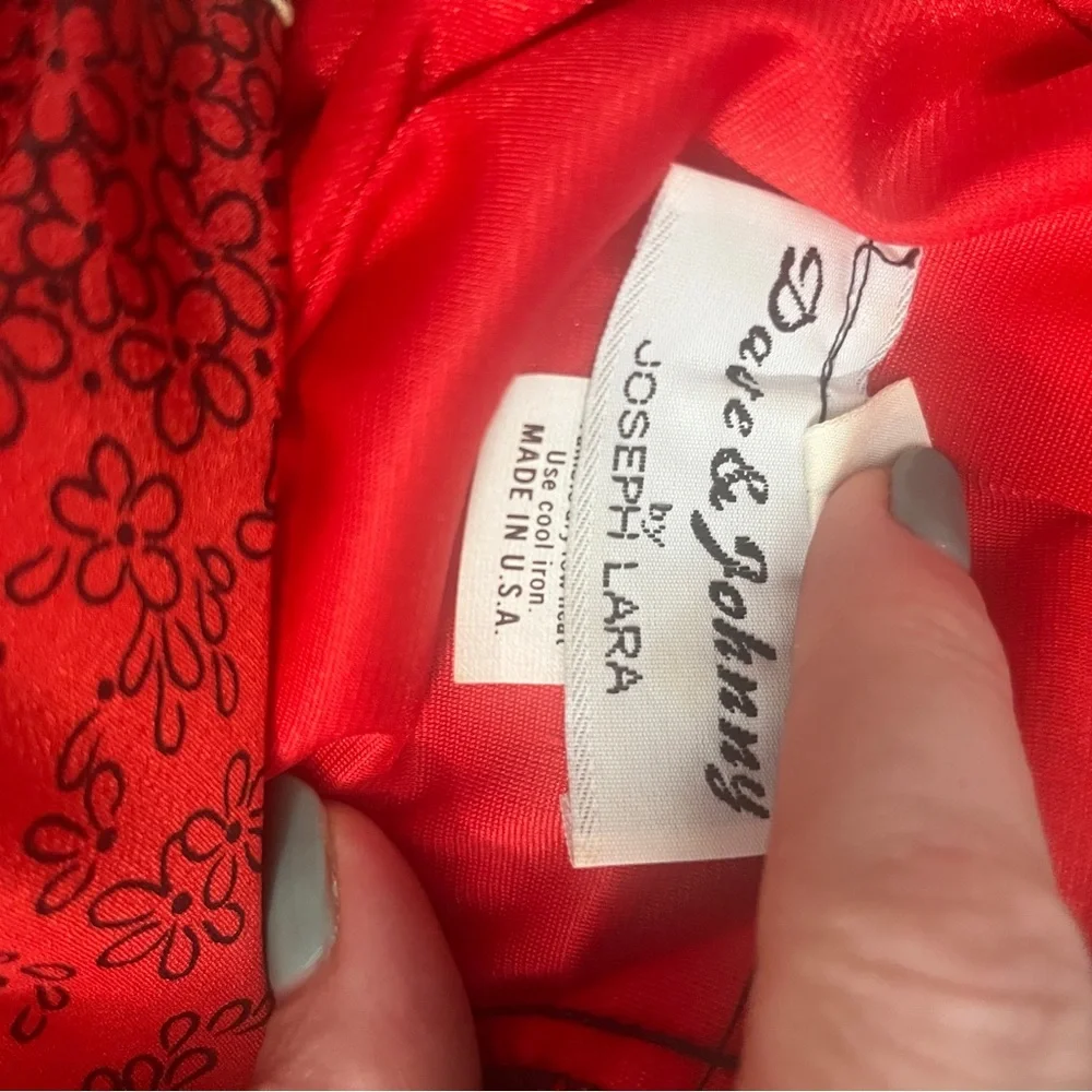 1980’s Vintage Dave & Johnny Red Peplum Midi Dress Red Floral Print with Lace​ - Picture 3 of 13